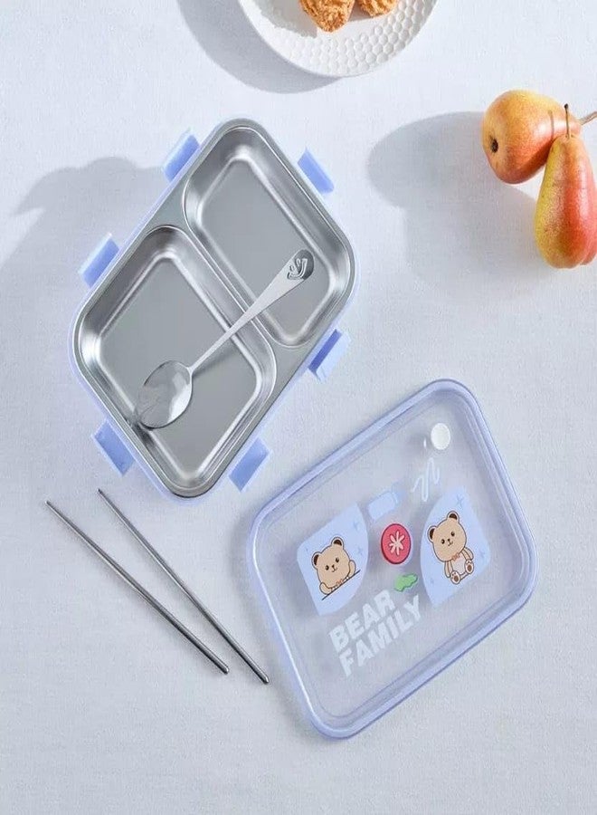 Clazkit علبة غداء كلازكيت ذات قسمين، مانعة للتسرب، مصنوعة من الفولاذ المقاوم للصدأ الخالي من مادة BPA، علبة غداء للأطفال، علبة غداء للمدرسة والمكتب مع شوكة وملعقة وزوج من عيدان الطعام (أزرق) - Image 2